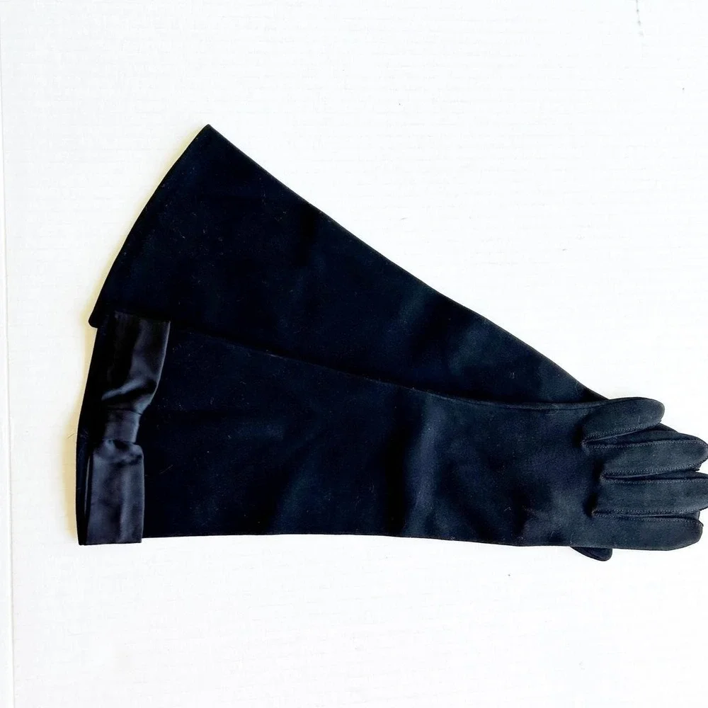 Vintage 1960's Long Black Satin Hansen Bow Gloves Mid Century Bombshell 6 1/2